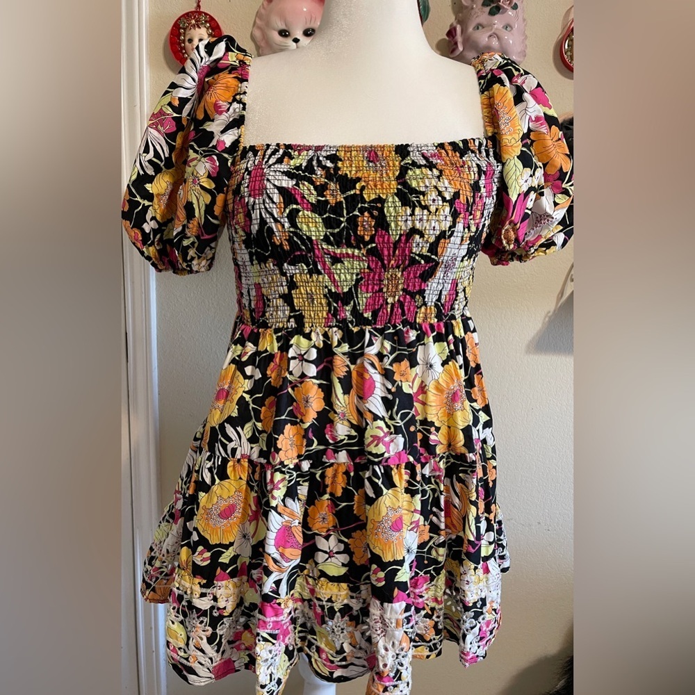 Forever 21 Puff Sleeve Floral Babydoll Mini Dress Whimsical Fairy Y2K Small - Picture 2 of 6